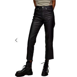 Topshop Coated Straight Leg Jeans in Black Moto Raw Hem Size 26